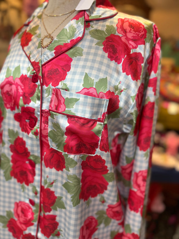 Blue Gingham & Roses Long Sleeve Pajama Set