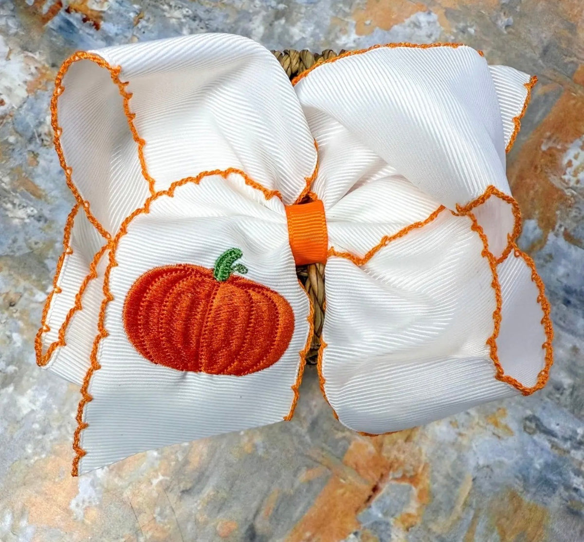 Embroidered Pumpkin Bow - Orange Trim