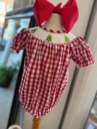 Christmas Tree Smocked Embroidered Girls Bubble
