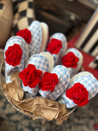 Blue Gingham & Red Velvet Rose Slippers