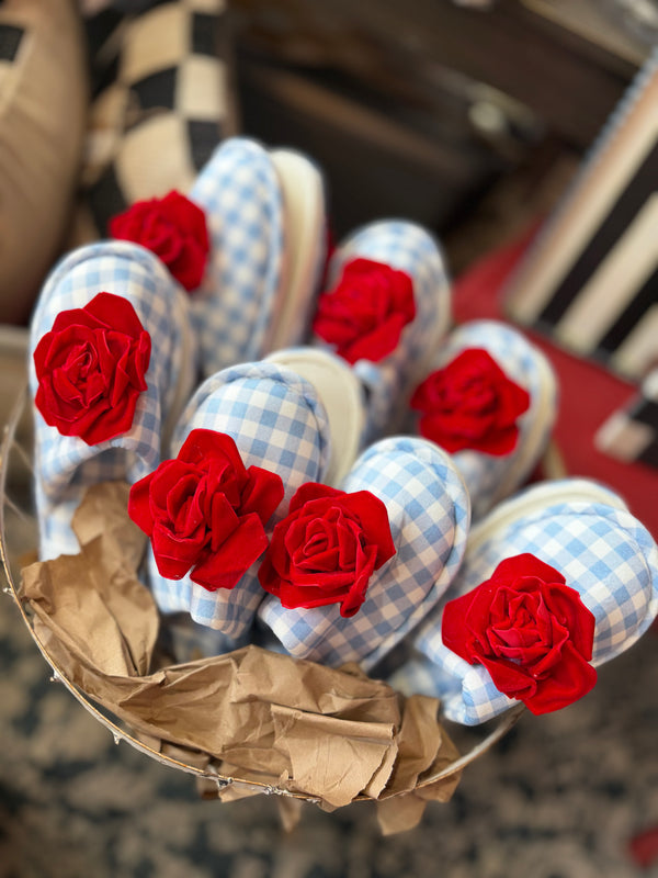 Blue Gingham & Red Velvet Rose Slippers
