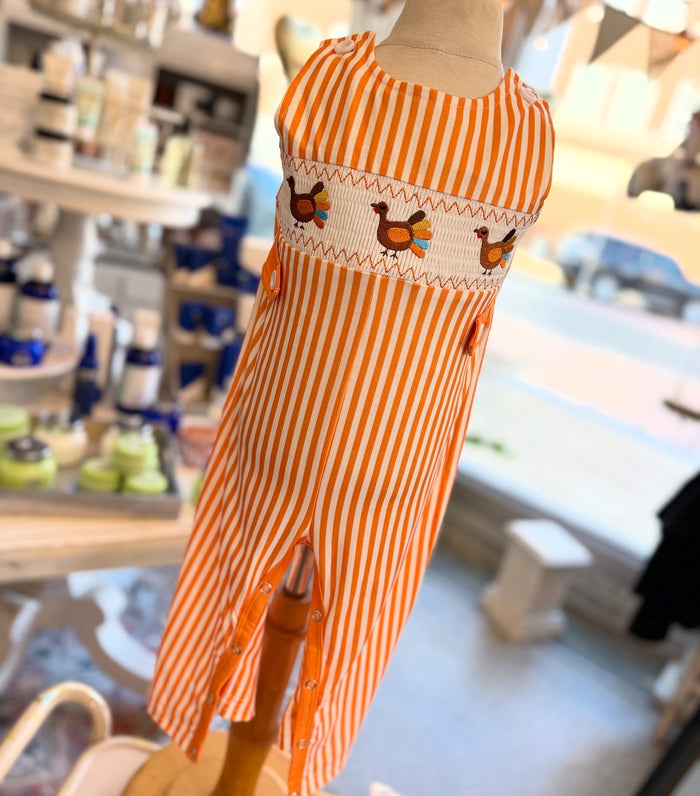 Striped Smocked Embroidered Boys Turkey Romper
