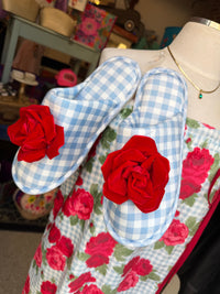 Blue Gingham & Red Velvet Rose Slippers
