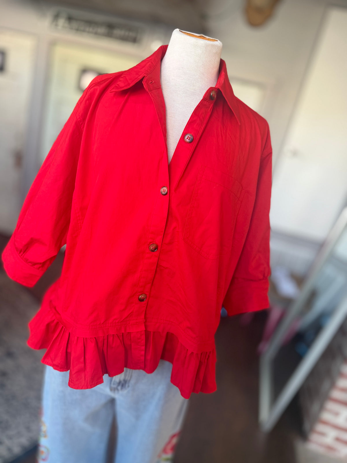 Ruffle Hem Button Up - Red