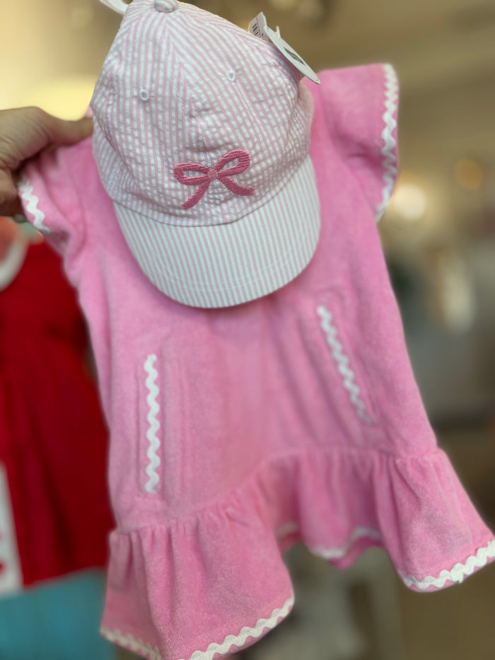 Pink Seersucker Cap with Bow - 2T-5T