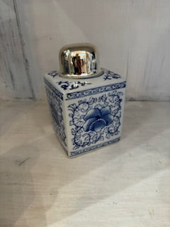 Blue and White Tea Jars with Nickel-Plated Lid