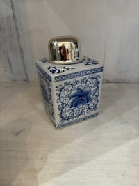 Blue and White Tea Jars with Nickel-Plated Lid
