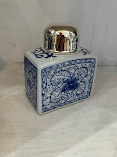 Blue and White Tea Jars with Nickel-Plated Lid