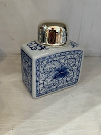 Blue and White Tea Jars with Nickel-Plated Lid