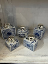Blue and White Tea Jars with Nickel-Plated Lid