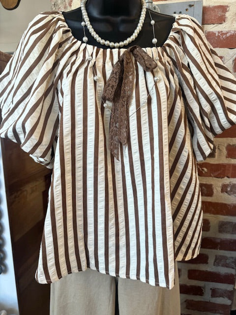 The Sailor Puff Sleeve Top - Brown Striped