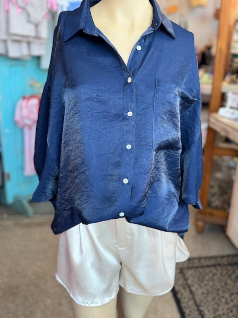 Navy Shimmer Button Down