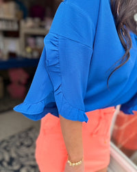 The Khaki Ruffle Sleeve Top -Royal Blue
