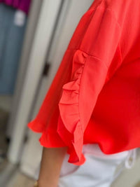 The Khaki Ruffle Sleeve Top -Neon Coral
