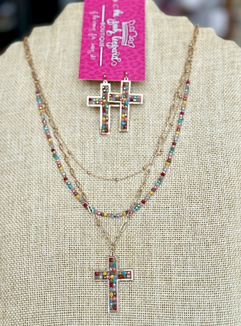 Cross Multicolored Beaded Necklace