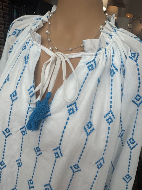 Blue & Off White Embroidered Dress