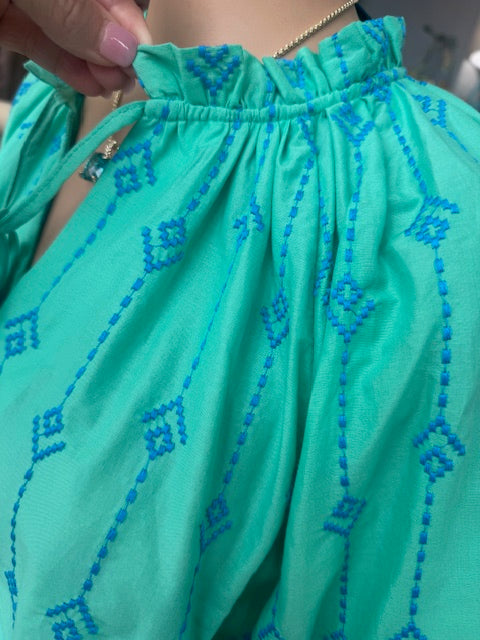 Sea Green & Blue Embroidered Dress