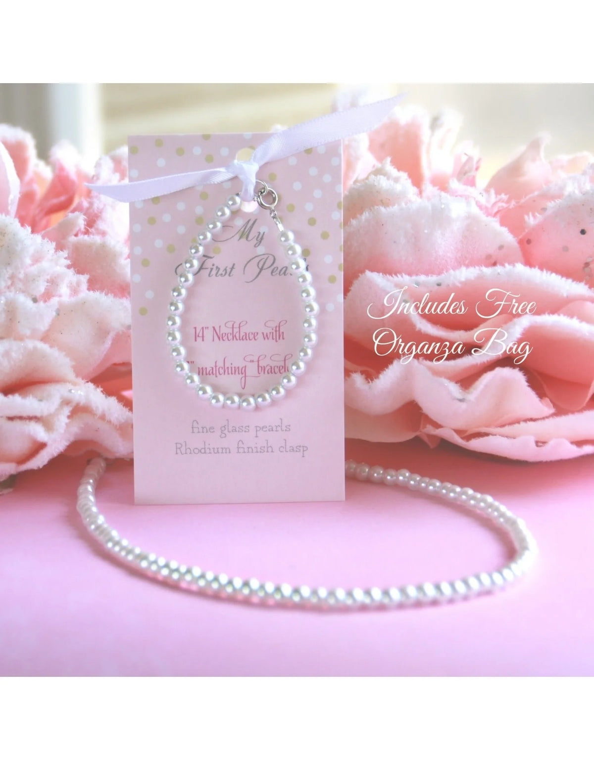My First Pearls Set with Organza Bag, 5" Bracelet with 14" Necklace